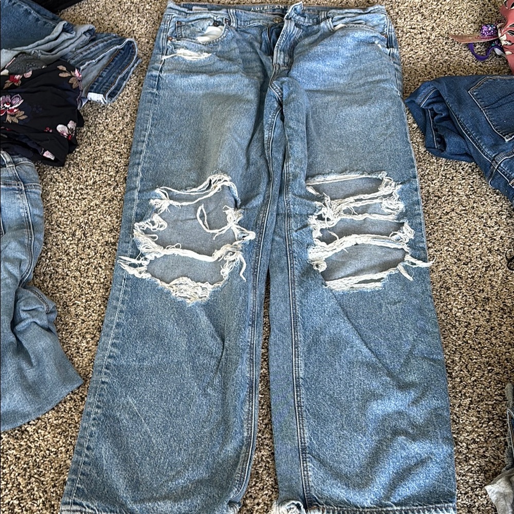 American Eagle Outfitters Blue Distressed Straight Leg Jeans